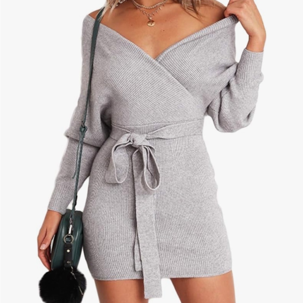 Chic Long Sleeve Gray Knit Dress